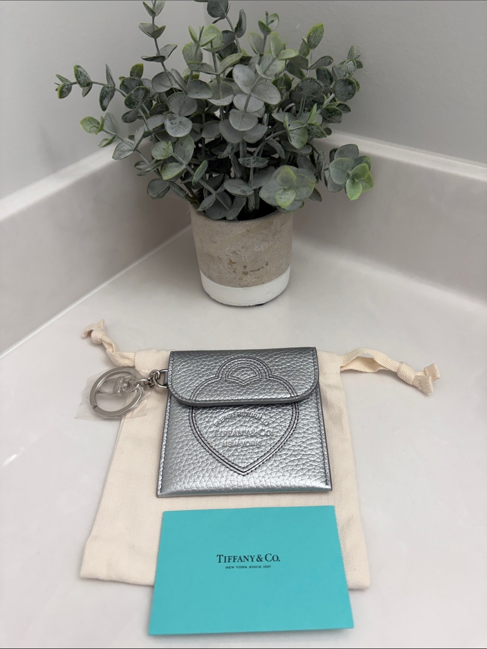 Tiffany & Co. Silver Metallic Pebbled Leather Heart Card Pouch with Keyring